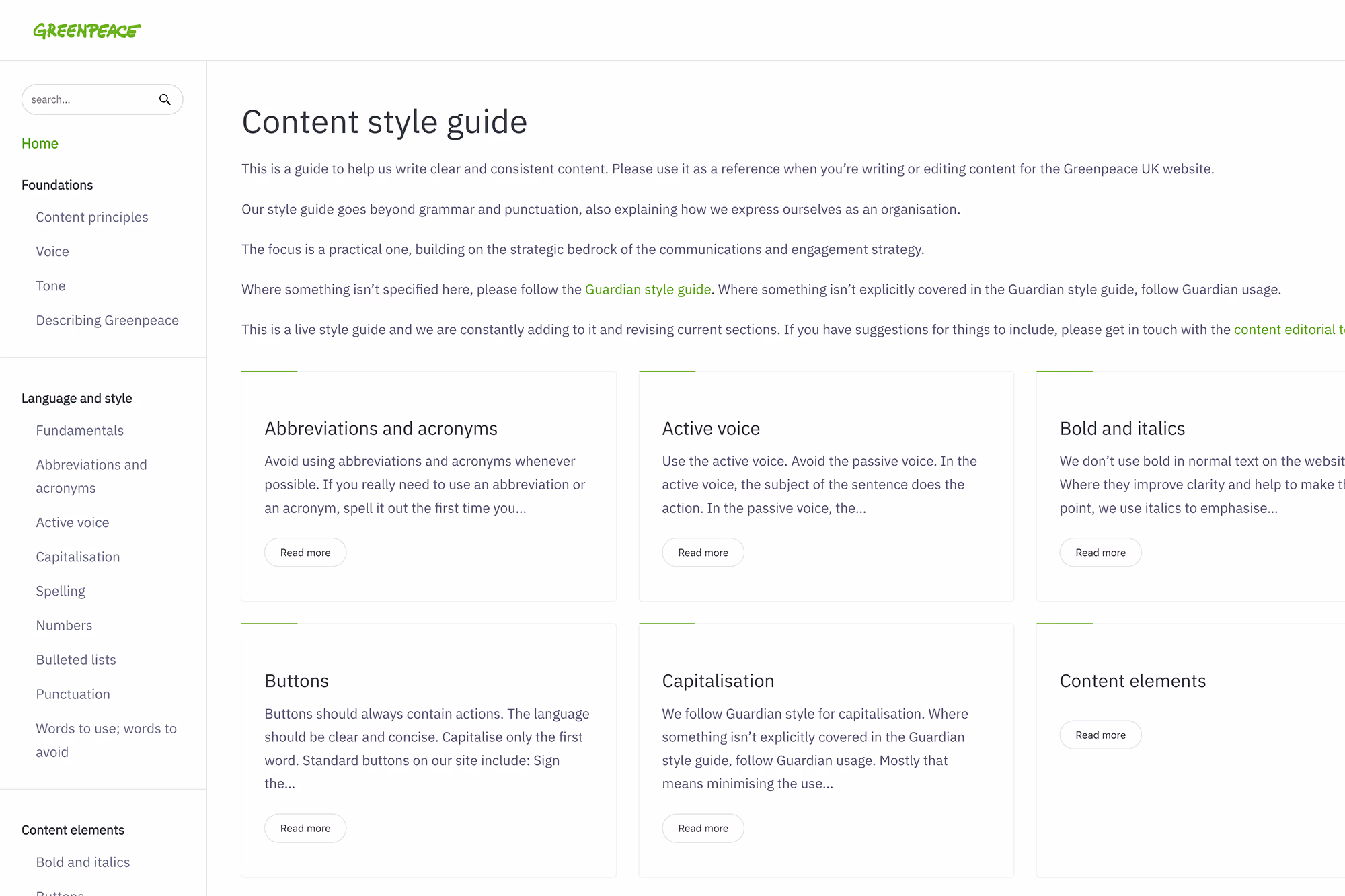 Screenshot of the Greenpeace UK content style guide